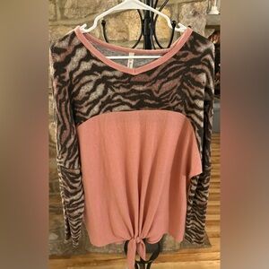 P & Rose Pink Animal Print Tie Front Long Sleeve Top Soft Brushed Knit